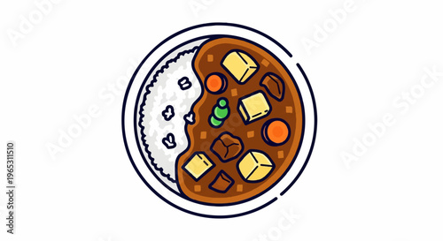 Delicious bowl of rice with rich, savory curry, vegetables, and meat