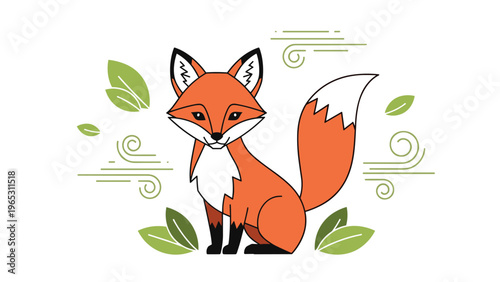 Cute red fox sits peacefully surrounded by green leaves and stylized wind swirls in a charming nature-themed vector illustration.