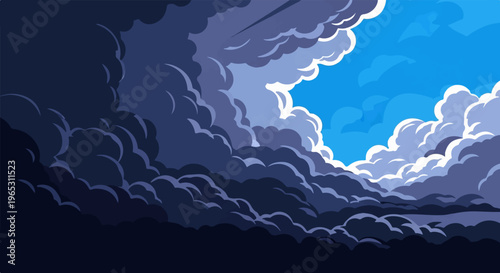 Dramatic pixel art storm clouds with a bright blue sky peeking through