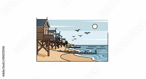 Serene beach scene with wooden huts, calm ocean, and soaring seagulls