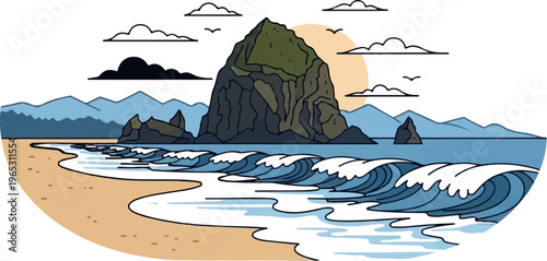 Pixelated ocean waves crash onto a sandy beach with a large rock formation