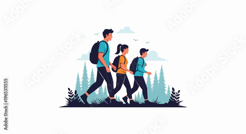 Family hiking together through a forest with trees and clouds