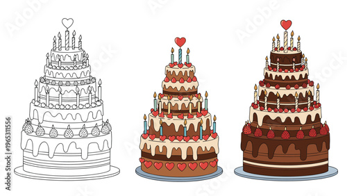 Three variations of a multi-tiered celebration cake are shown as a simple outline, a colorful version, and a rich chocolate version.