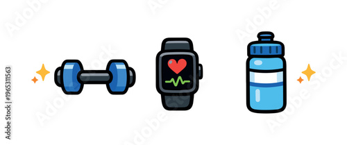 Fitness and wellness icons featuring a dumbbell, smartwatch with heart rate display, and reusable water bottle for exercise tracking and hydration