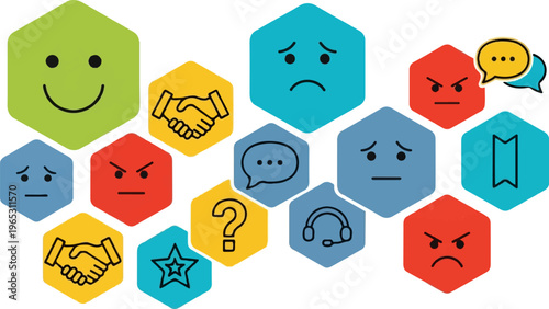 Diverse hexagonal icons represent emotions, communication, and customer service
