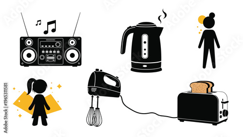 Household appliances including a radio, kettle, hand mixer, and toaster are shown in black silhouette with two stylized human figures.