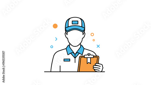 Friendly delivery man wearing a cap and uniform holds a clipboard with a package list in a clean line art style with colorful accents.