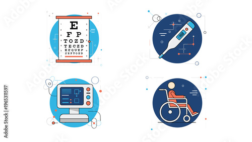 Medical icons including a vision eye chart, digital thermometer, heart rate monitor, and a patient in a wheelchair on a blue background.