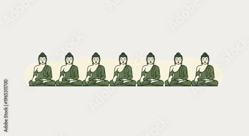 Seven identically posed figures in meditation, seated cross-legged