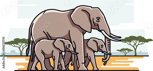 Family of elephants walking across an African savanna with acacia trees