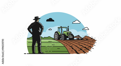 Farmer watches tractor plow a field under a cloudy sky