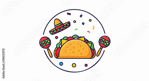 Festive taco with sombrero and maracas, surrounded by confetti