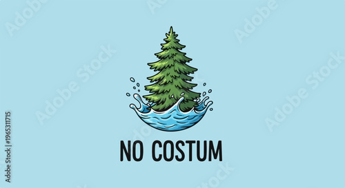 Evergreen tree emerging from splashing blue water