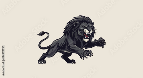 Fierce black lion pounces with mouth open, sharp claws extended