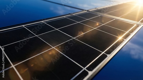 Close up of solar panel surface with sunlight flare and blue sky reflections