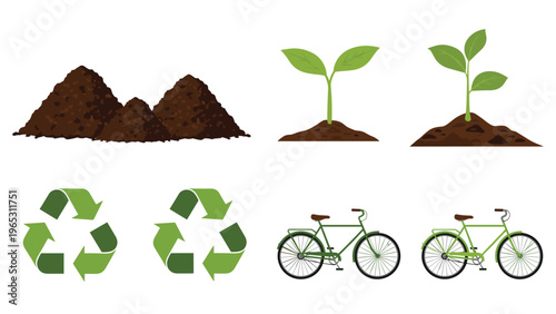 Environmental sustainability icons including soil mounds, growing seedlings, recycling symbols, and bicycles promote a green lifestyle.
