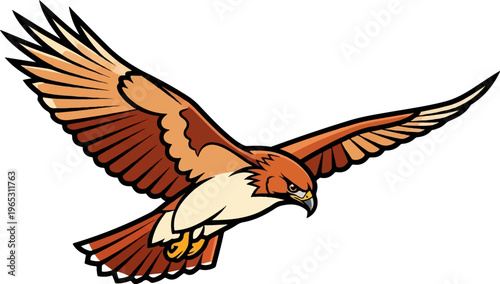 Fierce bird of prey with outstretched wings in mid-flight, detailed feathers