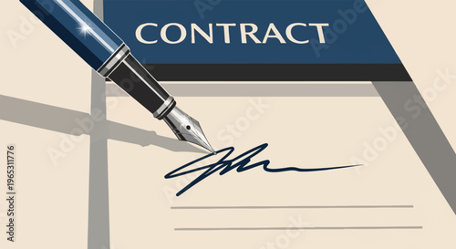Fountain pen signing document with word CONTRACT above