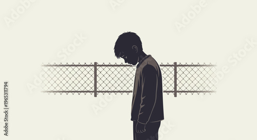 Silhouetted figure of a boy with head bowed near a chain-link fence