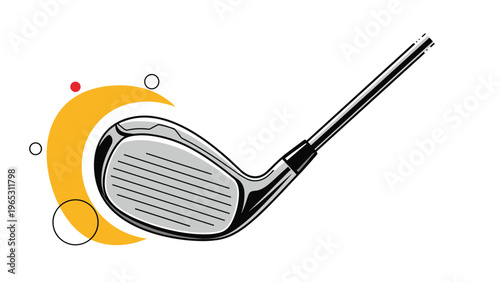 Detailed illustration of a golf club head, specifically a wood or driver, is shown with a crescent moon and circular geometric background.
