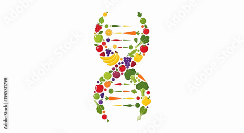 Fruits and vegetables form a DNA helix structure on white background