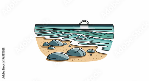 Gentle waves crash on a sandy beach with scattered smooth stones
