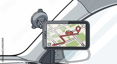 GPS navigator showing route on map with car icon and destination marker