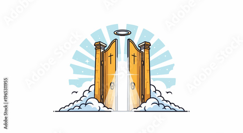 Glowing golden gates open to heavenly light amidst clouds