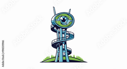 Futuristic tower with spiral stairs and an eye-like top