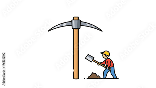 Simple illustration of a large pickaxe tool and a miner character digging with a shovel on a clean white background.