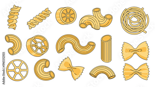 Variety of dry pasta shapes including fusilli, penne, farfalle, macaroni, and rotelle presented as a detailed collection of icons.