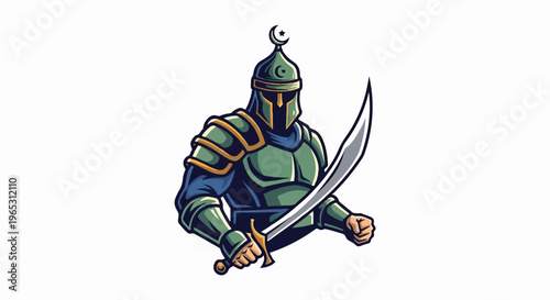 Medieval warrior in green armor holding a curved sword, crescent moon on helmet
