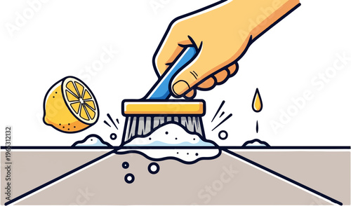 Hand scrubs surface with brush, lemon nearby, creating foam and bubbles