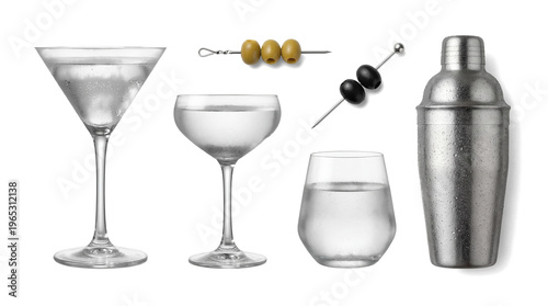 Fotografija A professional collection of martini glasses, a cocktail shaker, and olive garnishes, perfect for drink recipes
