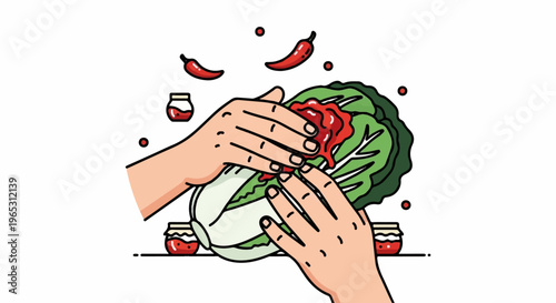 Hands preparing cabbage with chili paste and peppers