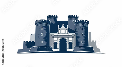 Stylized illustration of a medieval fortress with a grand archway and towers