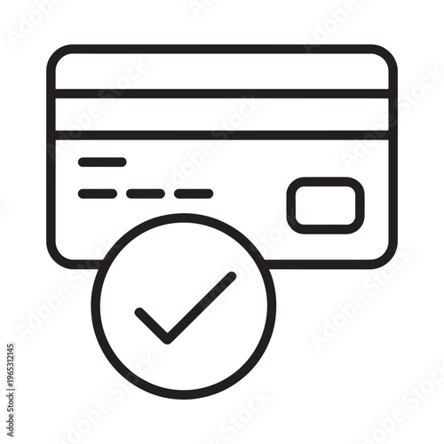 A linear illustration depicting a credit card with a checkmark symbol