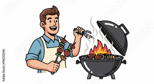 Man grilling meat and vegetables on a barbecue