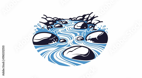 Stylized illustration of a rocky river with flowing water and splashes