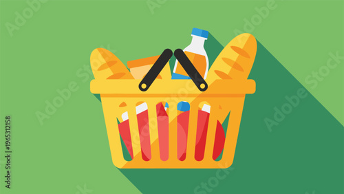Yellow plastic grocery shopping basket filled with bread, juice, and various food items with a long shadow on green background.