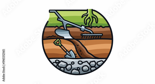 Illustration of soil layers being tilled with farming tools