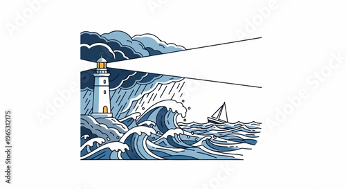 Lighthouse beam pierces stormy seas, guiding a lone sailboat through rough waves