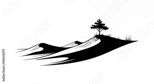 Lone tree silhouetted atop undulating sand dunes under a bright sky