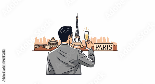 Man in suit celebrates with champagne, Eiffel Tower and Paris skyline