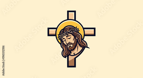 Jesus Christ's head with a crown of thorns and halo over a wooden cross