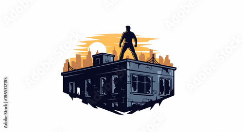 Lone figure stands atop a damaged building against a city skyline sunset