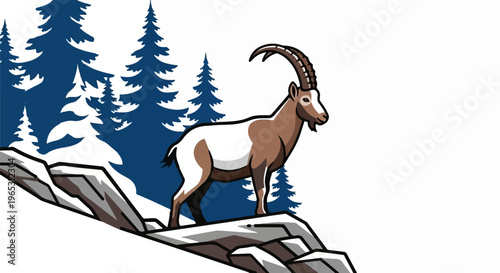 Ibex stands on snowy rocks with pine trees in background