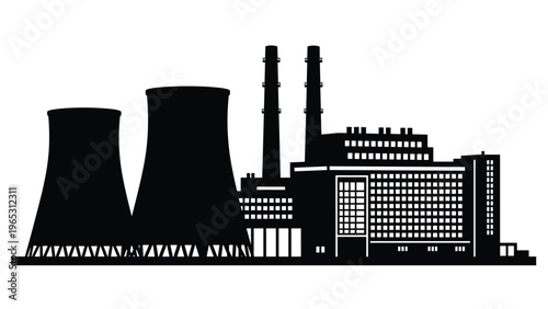 Black silhouette of a large industrial power plant or factory with cooling towers and smoke stacks on a white background.