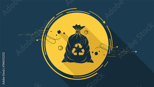Environmental recycling icon showing a dark trash bag with a yellow recycling symbol on a circular yellow background with debris.