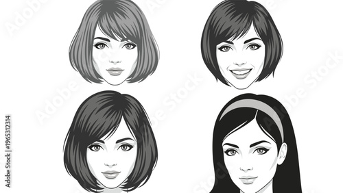 Four black and white illustrations of women's faces showing various modern bob and long hairstyles with headbands.